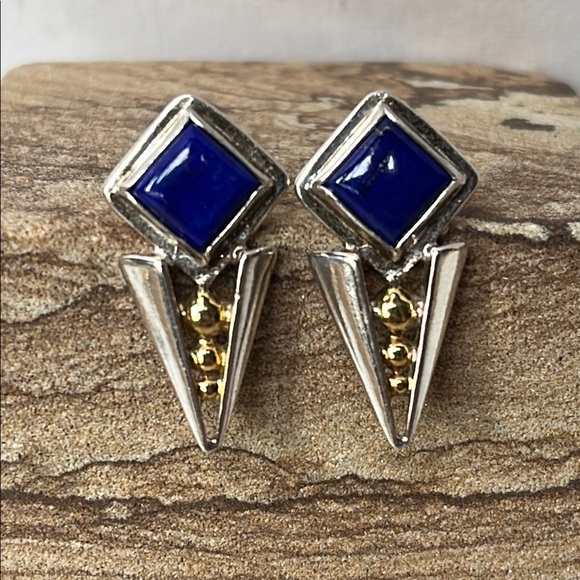 Vintage Lapis Lazuli Blue Sterling Silver Triangle Geometric Earrings - Picture 1 of 12